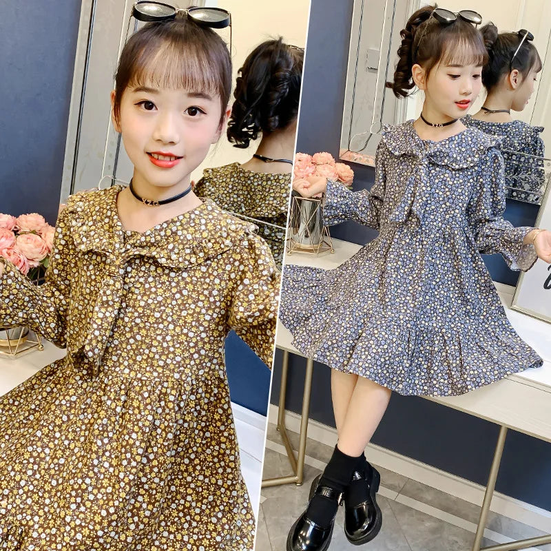 Girls autumn spring sailor New Children Casual Princess Teenager floral lace cotton long dress