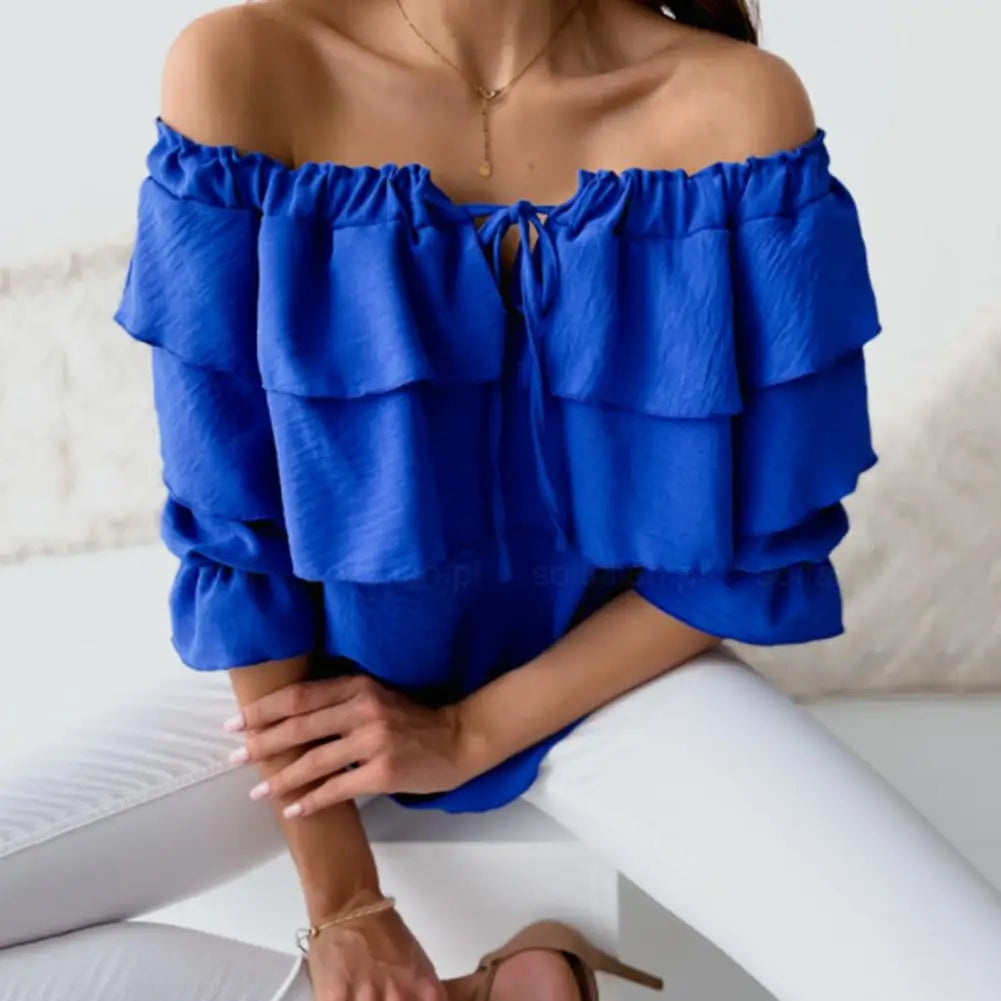 Collar Layered T-shirt Stitching Crafts Women Blouse Off Shoulder Lantern Long Sleeve Pullover Top Female Clothing