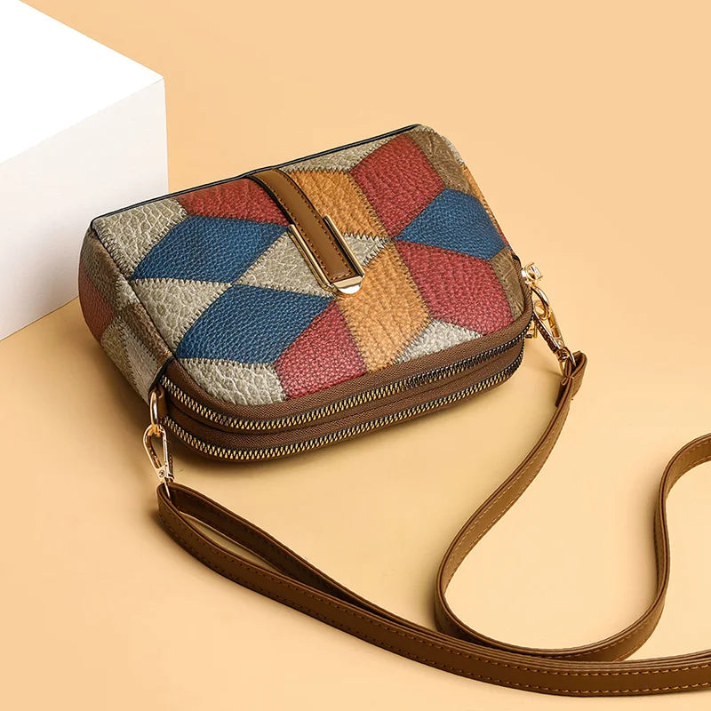 Color Block Shoulder Bags for Women National Style Double Zipper Crossbody Bag Ladies PU Leather Wallet Fashion Handbags