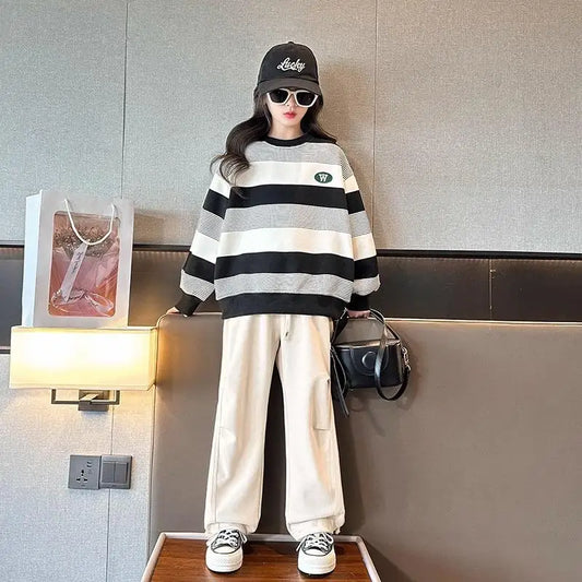 Spring Autumn Fashion Kid Girls Clothes Sports Suit Kids Clothes Girl Striped Sweatshirt Top Long Trousers 2 Piece Set 7-14 Year
