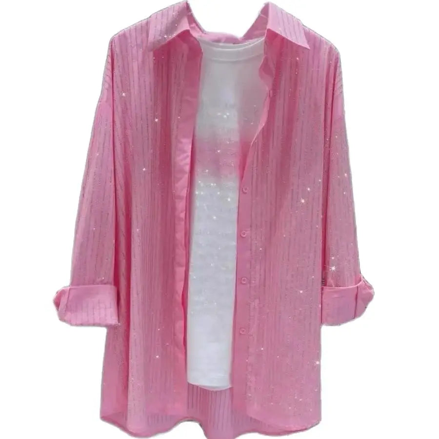 Vertical Stripes Loose Casual Pink Shirts and Blouses For  Women's Long Sleeve Top Blusas