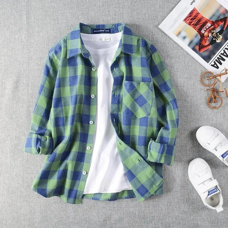 Boys Shirts Spring Autumn Boys Long Sleeve Shirts Cotton Summer Thin Check Coat Children's Tops Teenage Boys Shirt kids