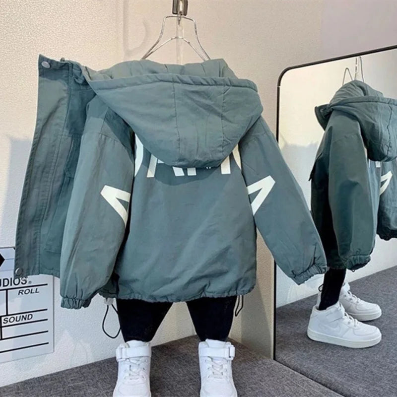 Boys Coat Jacket Outwear Tops Cotton Cool Thicken Plus Velvet Winter Autumn School Gift Overcoat Children's Clothes
