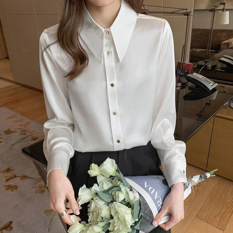 Elegant Fashion Polo-neck Chiffon Shirt Solid Long Sleeve All-match Bottomed Blouse Top Women Cardigan