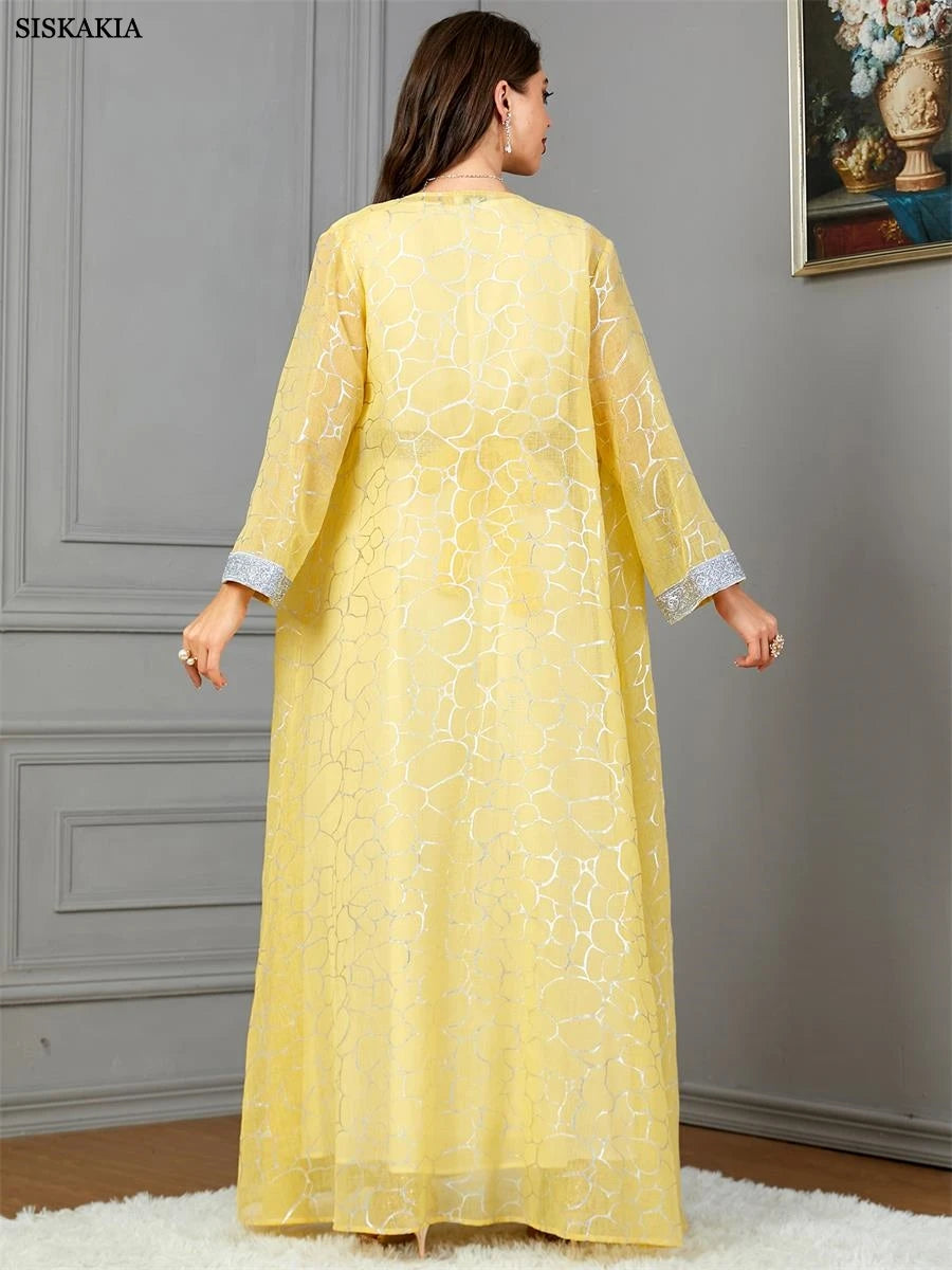 woman Floral Gold Stamping Open Kimono And White Sleeveless Under Dress With Sashes Jalabiyat Robe
