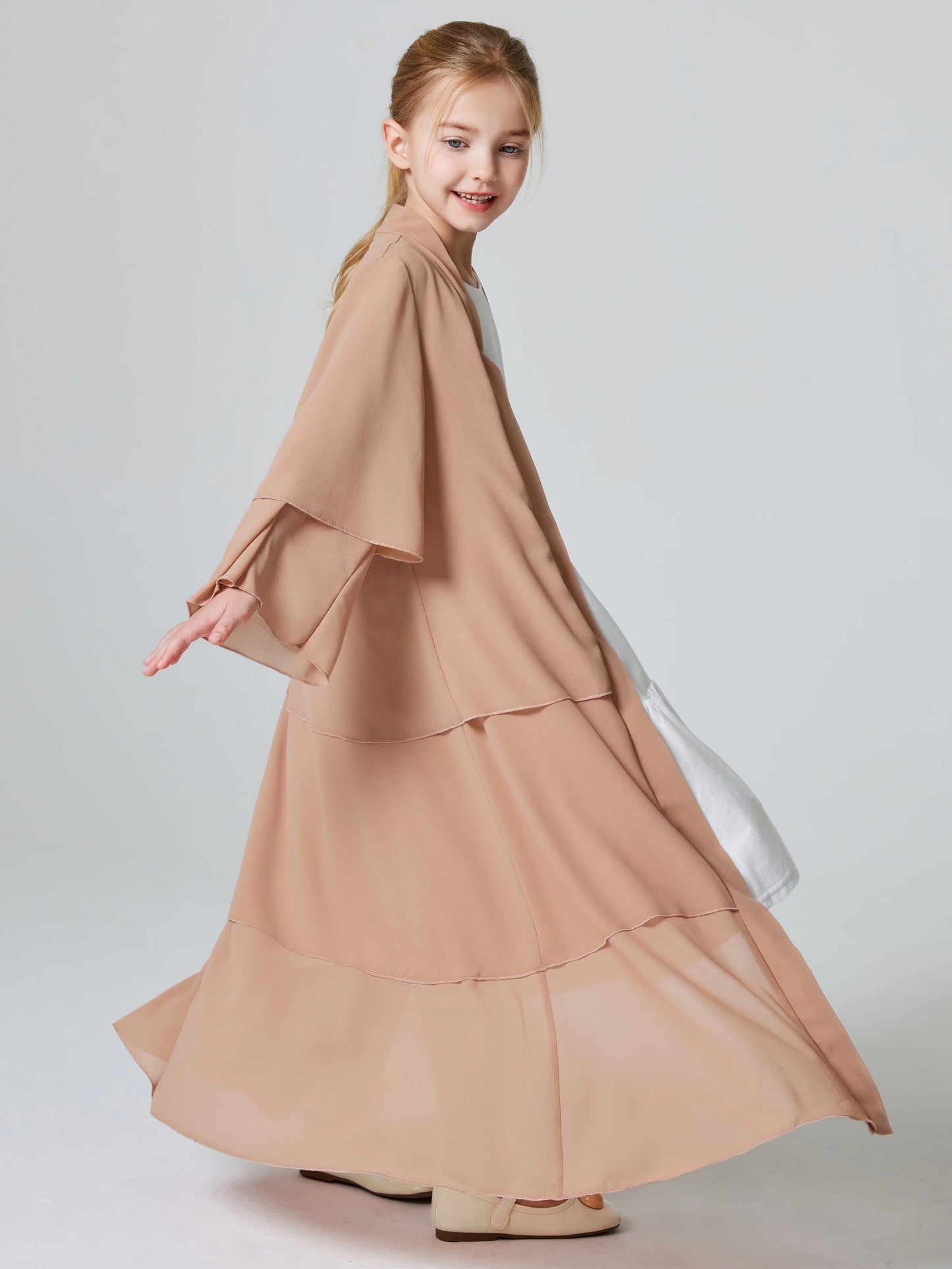 Ramadan  Muslim Girls 3 Layered Chiffon Kids Abaya Dress Open Front Abaya Kebaya Outerwear (Without Hijab)