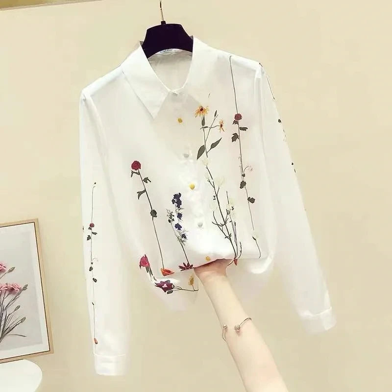 Women Spring Summer Satin blouses Blouses Shirt Lady Casual Long Sleeve Turn-down Collar Print Slim Tops