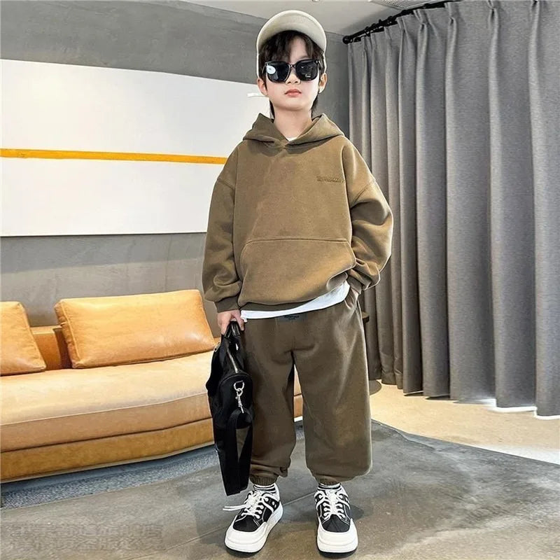 Junior Boys Autumn Hooded Suit Kids Fashion Embroidery Letter Sweatshirt + Casual Sweatpants 2 Pieces Set 3-14Y Spring Clothes