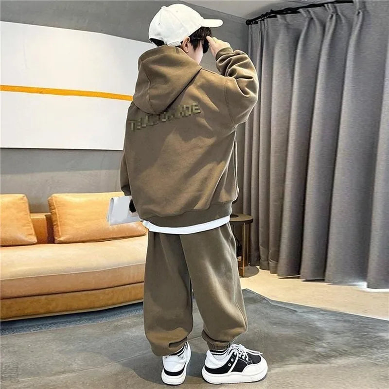 Junior Boys Autumn Hooded Suit Kids Fashion Embroidery Letter Sweatshirt + Casual Sweatpants 2 Pieces Set 3-14Y Spring Clothes
