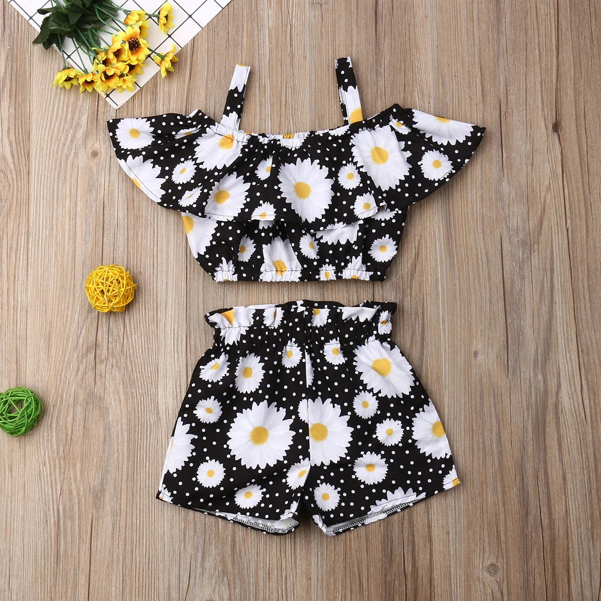 1-6 Year Old Toddler Baby Girl Clothes Watermelon Sunflower Print Ruffle Drop Shoulder Strap Top Shorts 2-Piece Summer Set