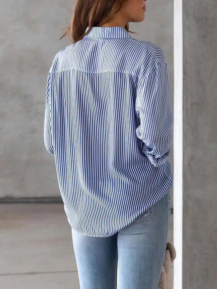 Striped Shirt, Button Up Shirts Female Loose Casual Long Sleeve Shirt Blouses for Women
