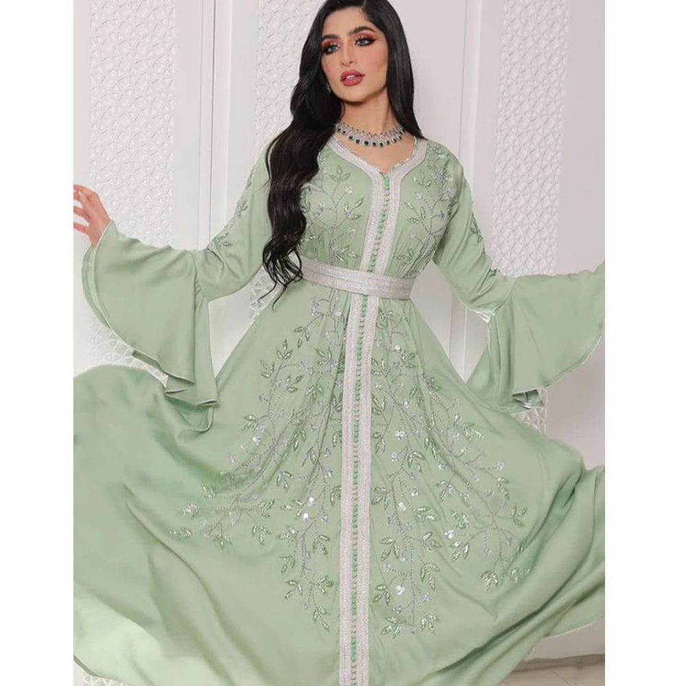 Kaftan Robe Gown Islamic Clothing Maxi Party Abaya Muslim Dress Long Sleeve High Waist Ramadan Caftan