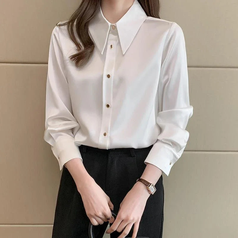 Elegant Fashion Polo-neck Chiffon Shirt Solid Long Sleeve All-match Bottomed Blouse Top Women Cardigan