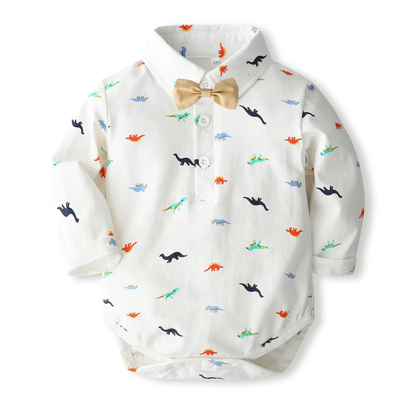 Baby Boys Gentleman Clothes 3pcs Sets Long Sleeve Dinosaur Printed Bow Tie Romper Overall Pants with Hats Boys Clothing 0-24M