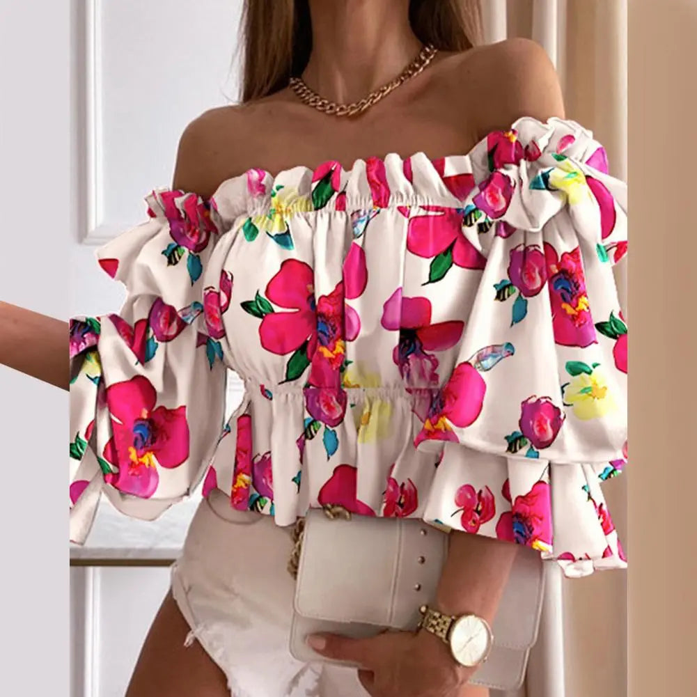 Women Blouse Flare Sleeve Shirt Colorful Multi-layer Elegant Off Shoulder Flounce Shirt Printed Pleated Ladies Ruffles Shirt