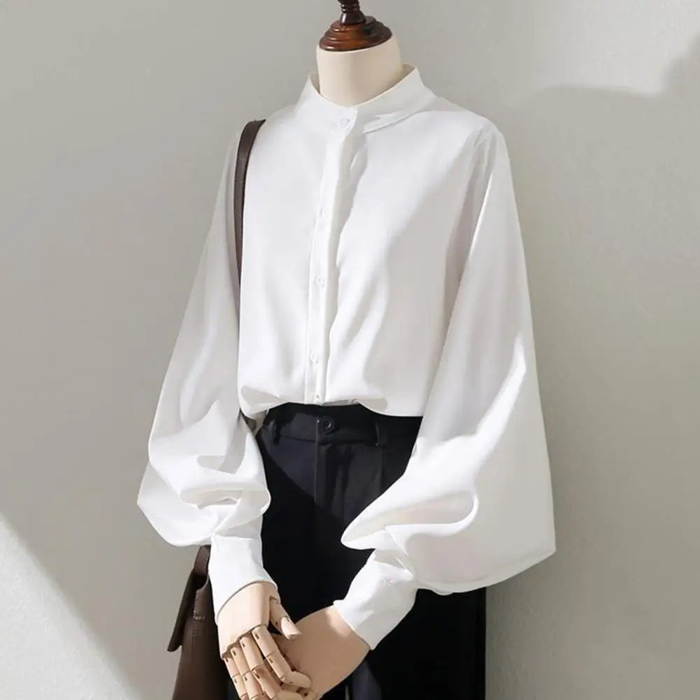 Women Shirt Elegant Women's Stand Collar Cardigan Blouse with Lantern Sleeves for Formal Business Style Commute Solid Color Top