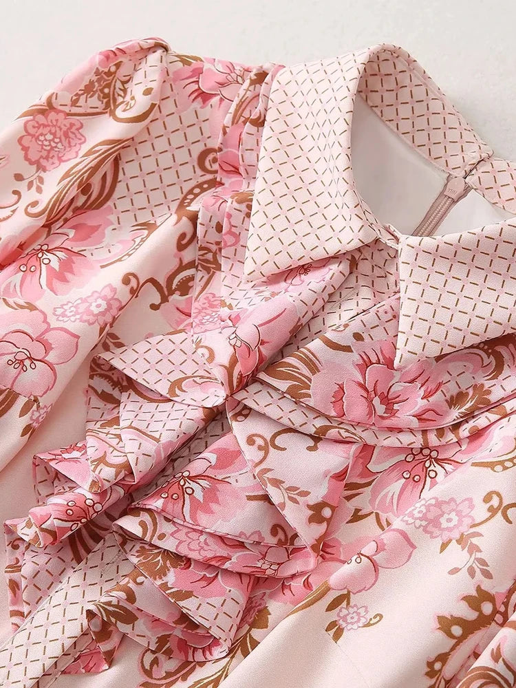 Spring Fashion Runway Dress Women Long Sleeve Ruffles Floral Print Midi Pleated Vestidos Casual Holiday Pink Dresses