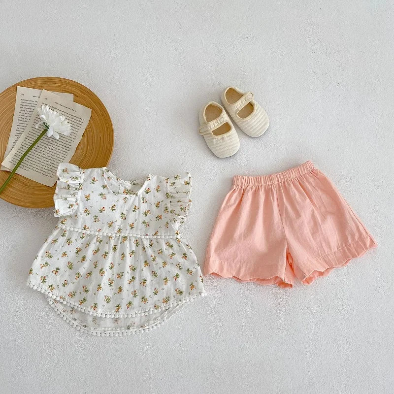 Summer Baby Girl Clothes Set 0-3Years Cute Newborn Kids Flower T-shirt Tops+Elastic Waist Shorts 2PCS Outfits Cotton Suit