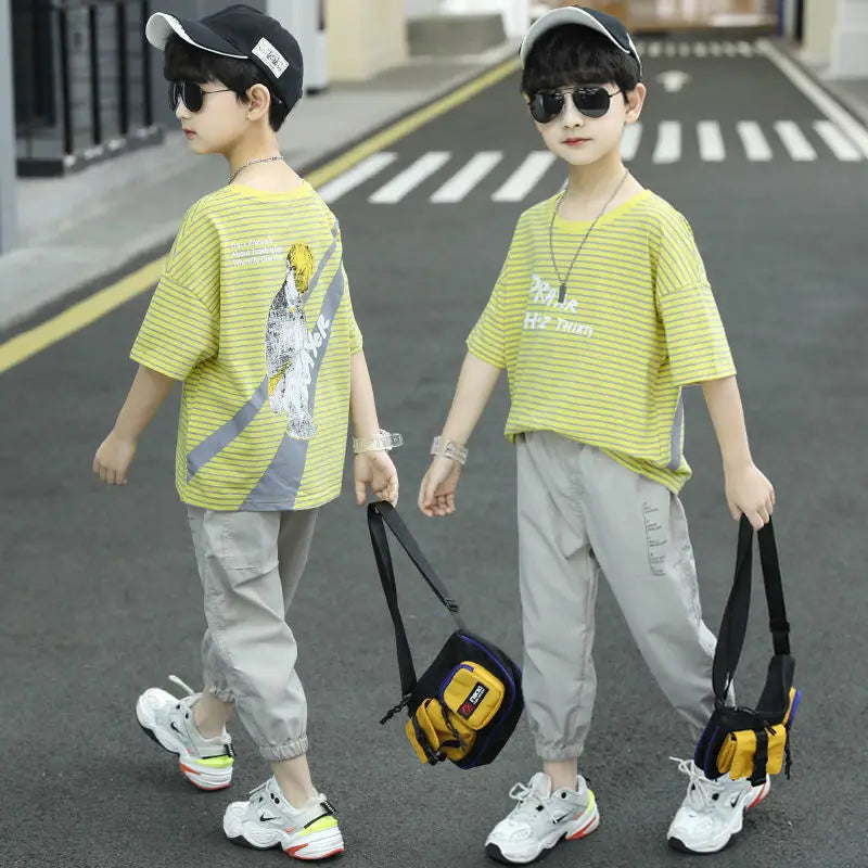 Summer Boys Fashion Casual Clothes Suit  Cotton T-shirt+Long  Pant 2PCS Set Infant Newborn Clothing