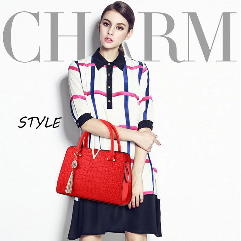 Fashion Women Handbags Tassel PU Leather Totes Bag Top-handle Embroidery Bag Shoulder Bag Lady Simple Style Crocodile pattern