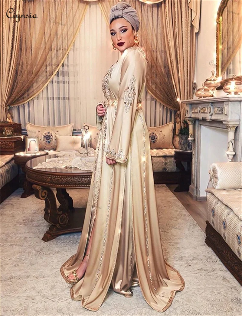 A-Line Satin Long Sleeve Nigeria Caftan Evening Dresses Muslim Formal Party Gowns Women