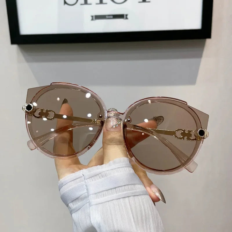 New Vintage Cat Eye Round Sunglasses Women's Korean Version Metal Rimless Gradient Sun Glasses Luxury Shades UV400 очки