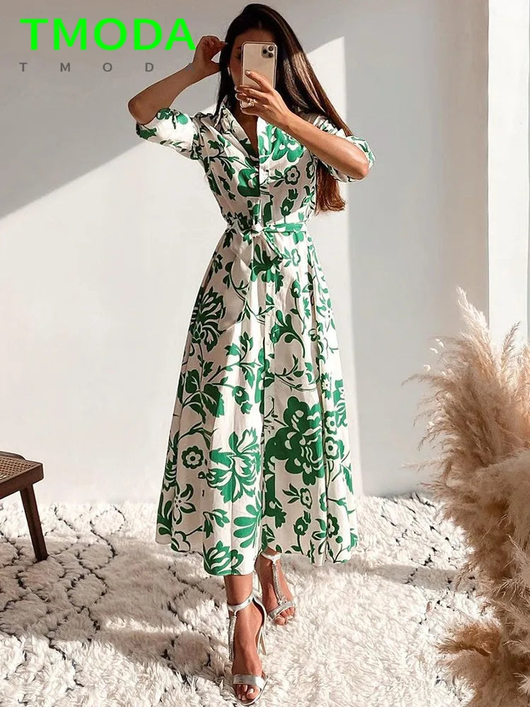 Women Green Floral Midi Dress With Belt Vintage Three Quarter Sleeve Dress Female Outwear Vestidos