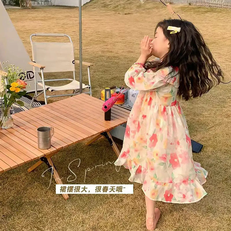 Soft Chiffon Floral Girls Dresses Mother Kids Clothes Casual Long Dress for Toddler Flowers Gilrs Wedding Dresses for Baby Girls