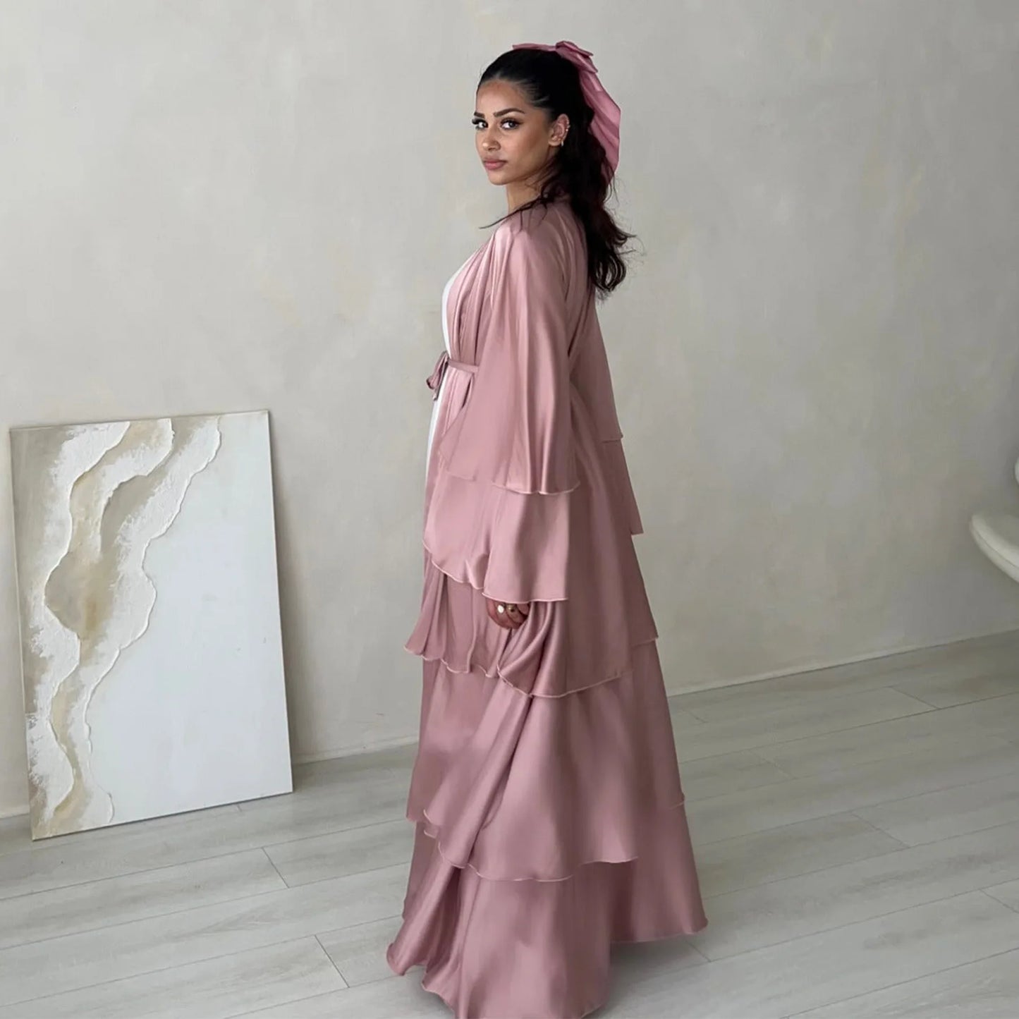 High Quality Satin Kimono Muslim Cardigan Abayas Cake Maxi Long Dress Women Casual Silk Islamic Robe Ruffle sleeve Dress