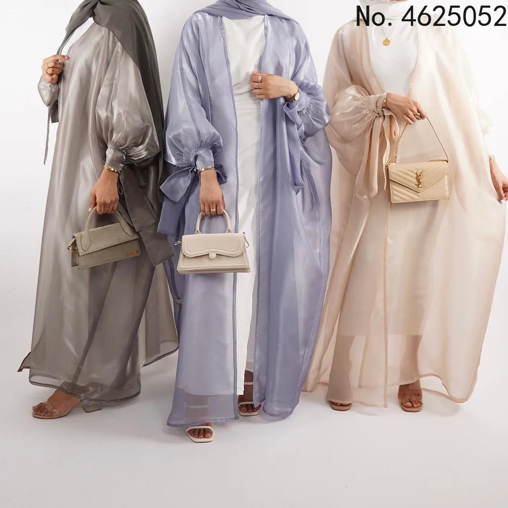 Abaya Puff Sleeves Dress Silky Kaftans for Women Robe Kimono Islam Abayas Femme Musulmane