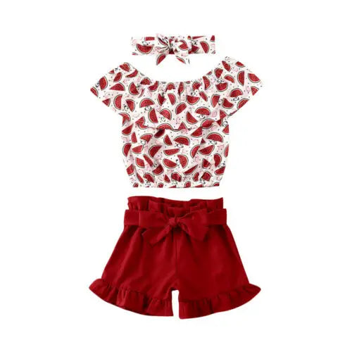 1-6 Year Old Toddler Baby Girl Clothes Watermelon Sunflower Print Ruffle Drop Shoulder Strap Top Shorts 2-Piece Summer Set