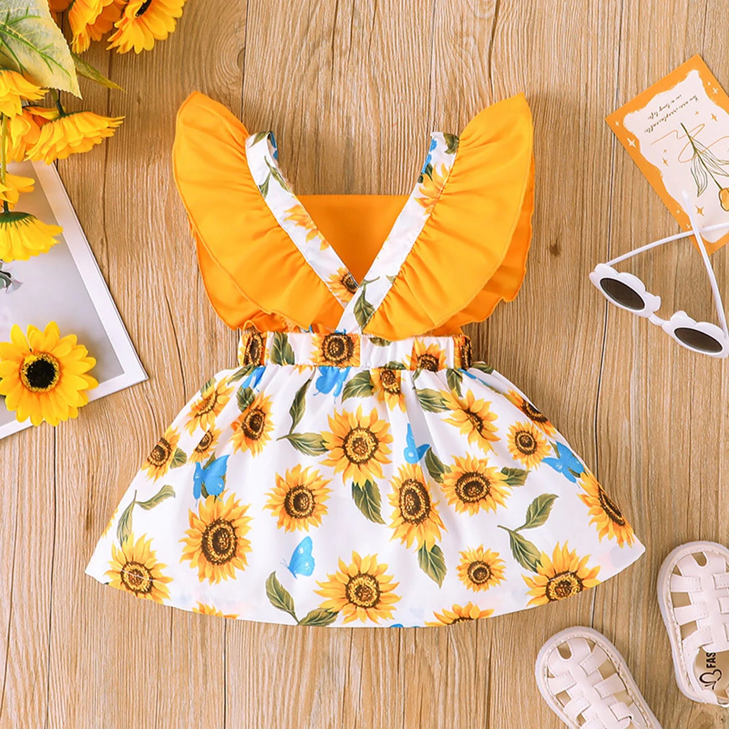Newborn Infant Baby Girls Dresses Summer Fashion Ruched Fly Sleeve Floral Dress Sunflower Prints Bowknot Dress Baptismal Skirts