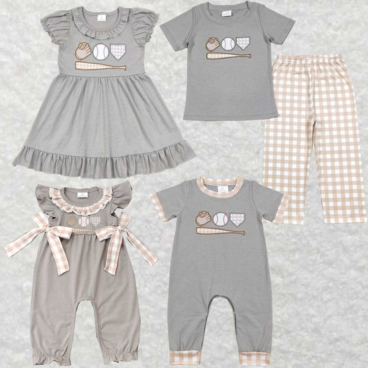 Wholesale hot sale Baby Kids Clothes Embroidered baseball glove gray short sleeve brown and white checkered pants suit