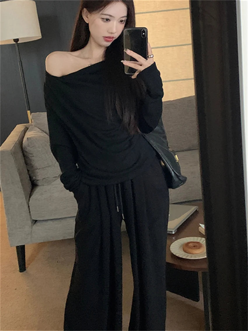 Off Shoulders Sweaters Women Chic Loose Wide Leg Pants Suits Elegant