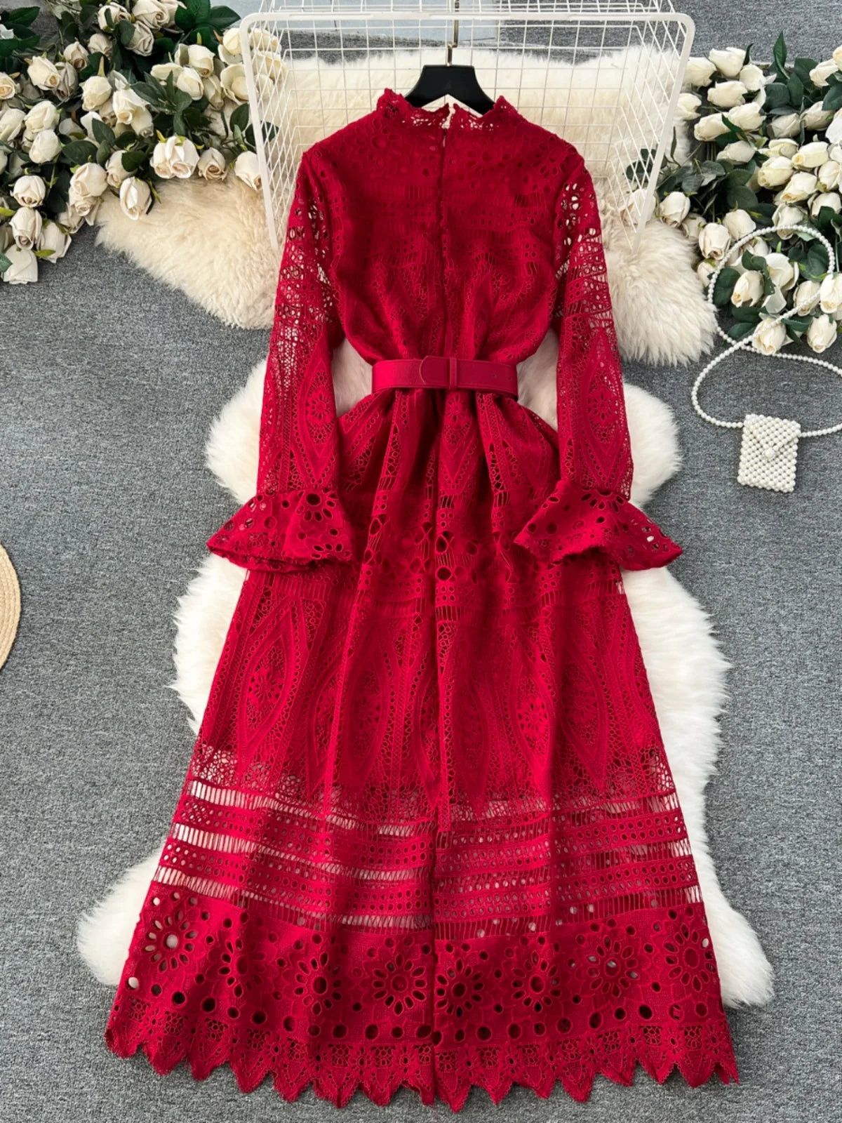 Hollow Out Lace Long Dress for Women Spring O-Neck Full Sleeve Slim Waist Party Gown Female Vintage A-Line Vestidos