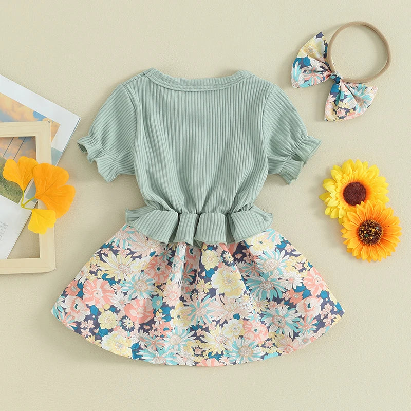 Toddler Girls Clothes Two Piece Outfits Floral Ribbed Patchwork Short Sleeve Princess Dress and Headband Summer Clothing