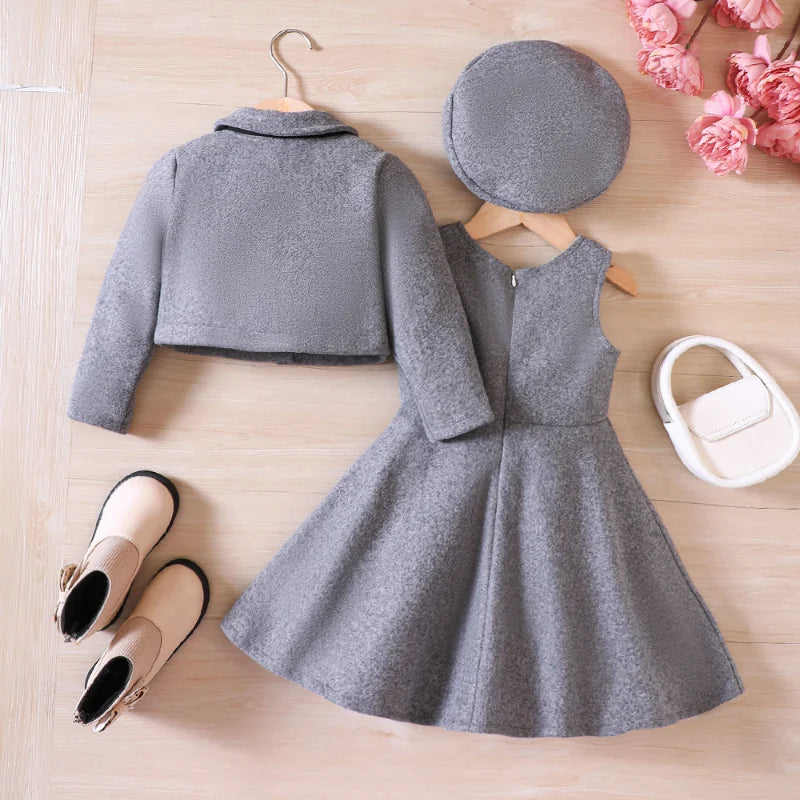 Kids Outfits Girl' Clothing Autumn Winter Series Long-sleeved Woolen Coat+Sleeveless Dress with Shoulder Hanging+Beret 3Pcs Set