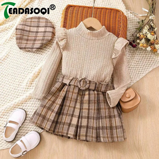 2-7Years Baby Girls Spring Autumn Ruffle Long Sleeve Solid Tops+Plaid Pleated Skirt+Belt+Beret Four-piece Suit Kids Clothes Suit kids girls  toddlers