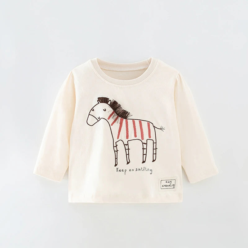 Baby Girls Long Sleeve T-shirt Cotton with Little Horse Lovely Children Spring and Autumn Tops for Kids 2-7 Year unisex boys girls toddler
