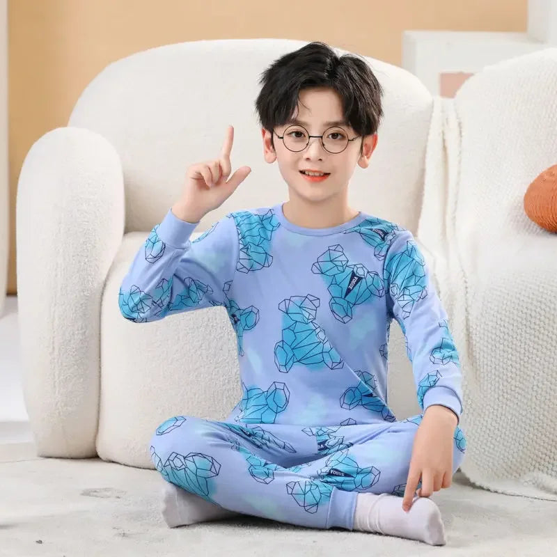 Toddler Baby Kids Unisex Casual Pajama Suit Cartoon Bear Print Long Sleeve Tops+ Pants Boys Sleepwear