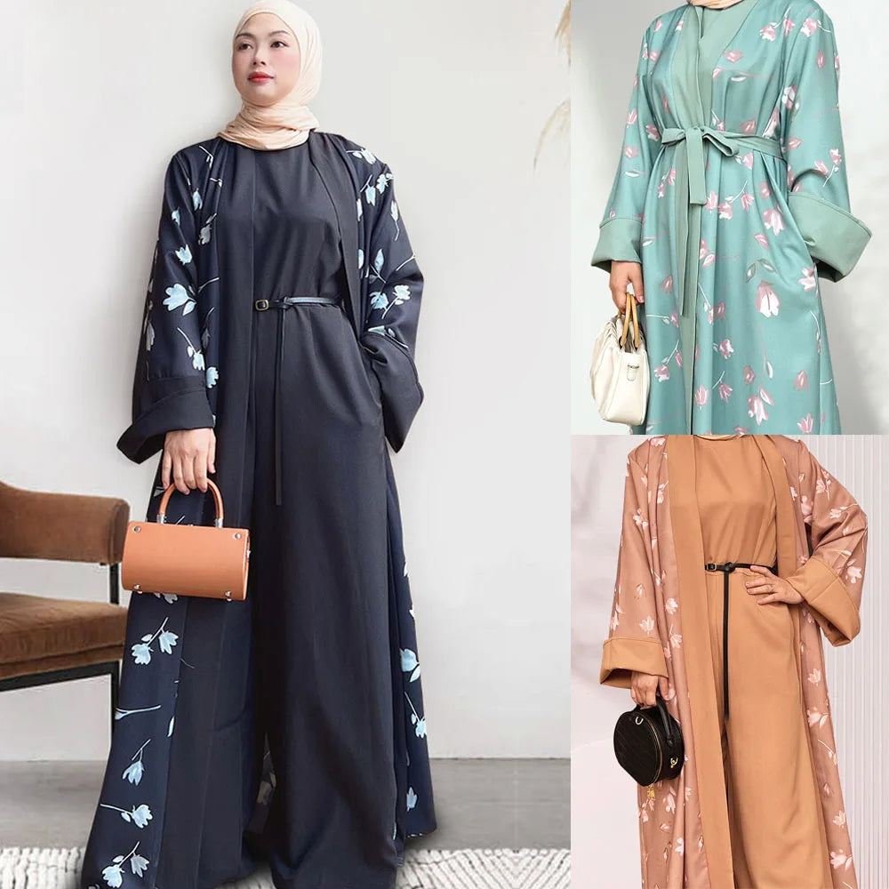 Eid Ramadan Open Abaya Dubai Turkey Kaftan Women Muslim Floral Print Maxi Dress Kimono Cardigan Islamic Clothing Robe Jalabiya