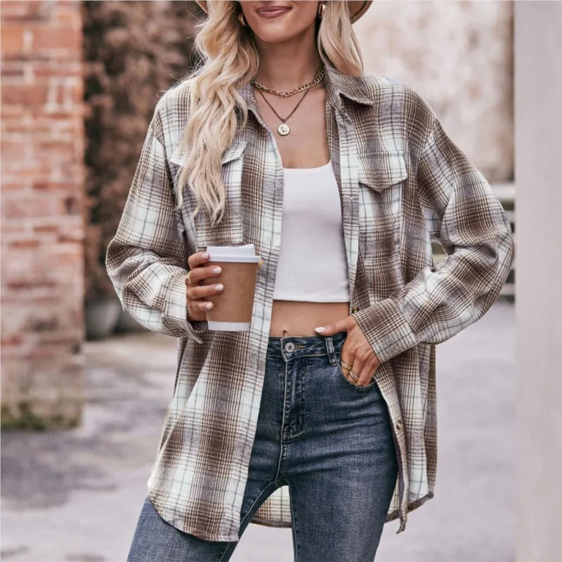 Leisure Fashion Loose Plaid Shirt Spring /Autumn Pocket Office Blouse Ropa Femenina Vintage Camisas  Blouses De  Tops Women