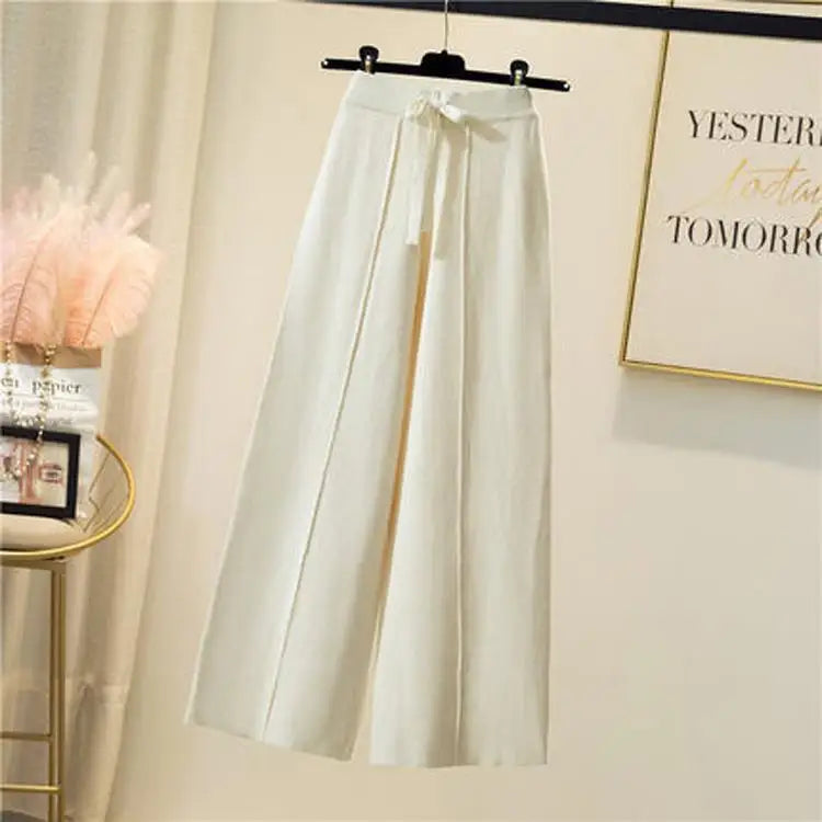 Autumn Winter Knitted Pants Women Wide Leg High Waisted Trousers Casual Soft Thicken Warm Straight
