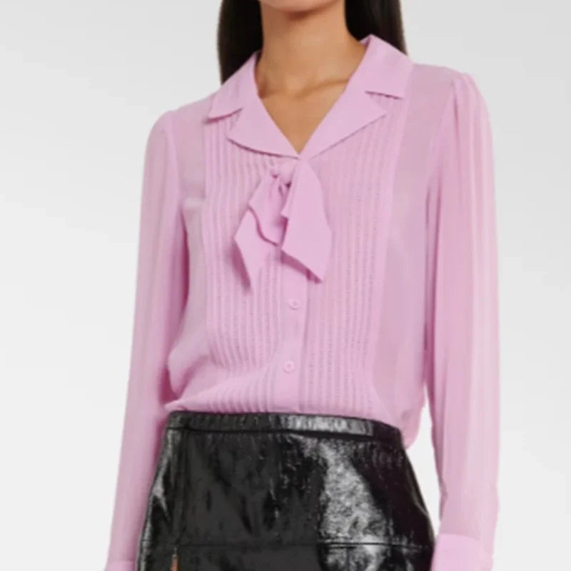Spring Fashion Bow Decorated Lapel Chiffon Shirt Ladies