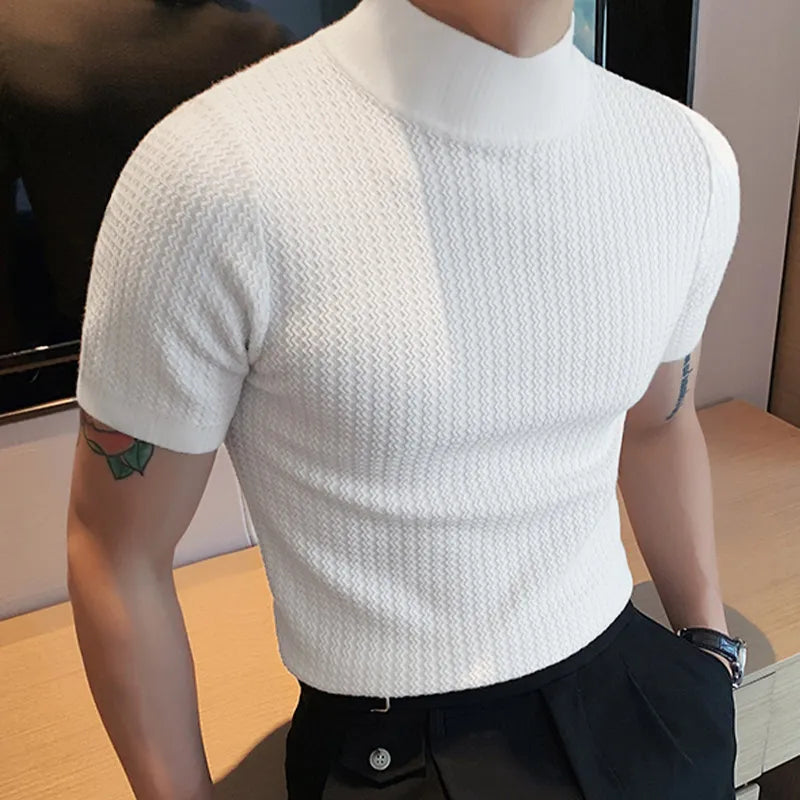men T-shirt Casual Streetwear High-neck Solid Color Short-sleeved Bottoming Tees Luxury Clothing