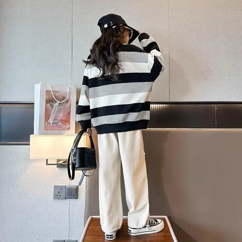 Spring Autumn Fashion Kid Girls Clothes Sports Suit Kids Clothes Girl Striped Sweatshirt Top Long Trousers 2 Piece Set 7-14 Year