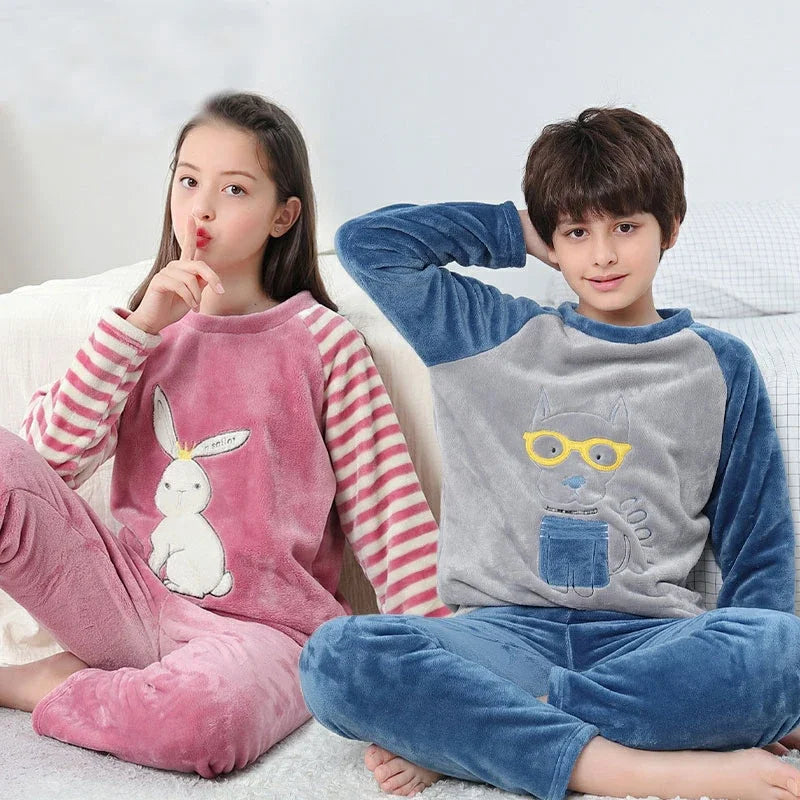 Boys Girls Pajamas Sets Winter Flannel Sleepwear Children Home Clothes Kids Pyjamas Nightwear Teenage Pijamas For 8 10 12 14 16T
