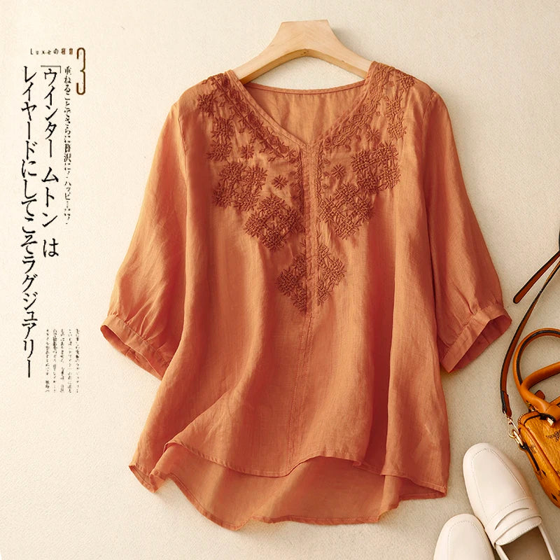 Summer Breathable Ramie Tops Loose Short Sleeve Shirts V-Neck Floral Embroidery Blouse Female Tees All Match