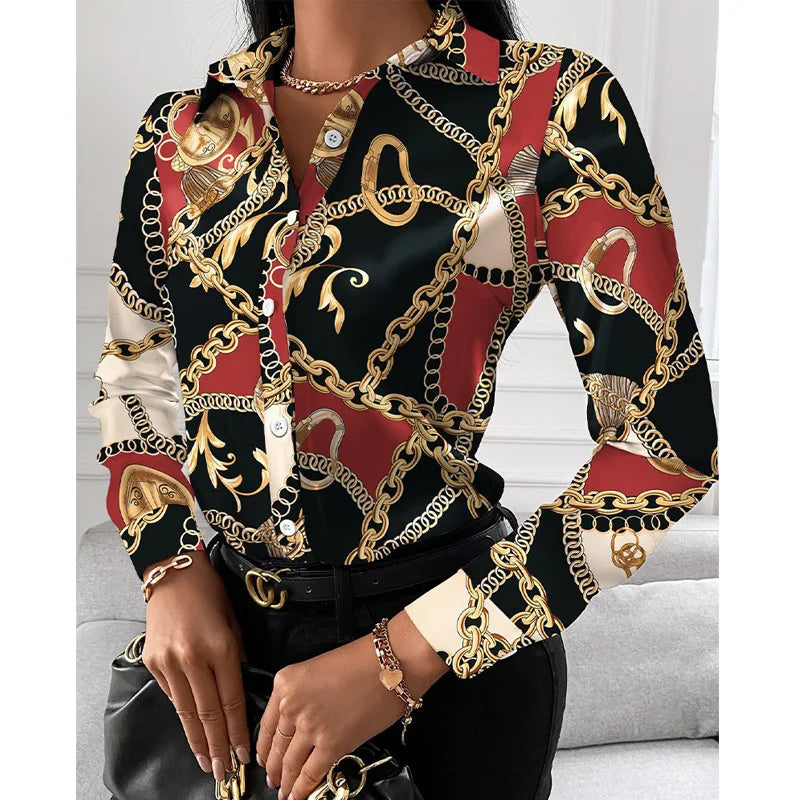 Casual Geometric Printed Shirt Turn-down Collar Long Sleeve Single Breasted Shirt Temperament Fashion Office Women's Top