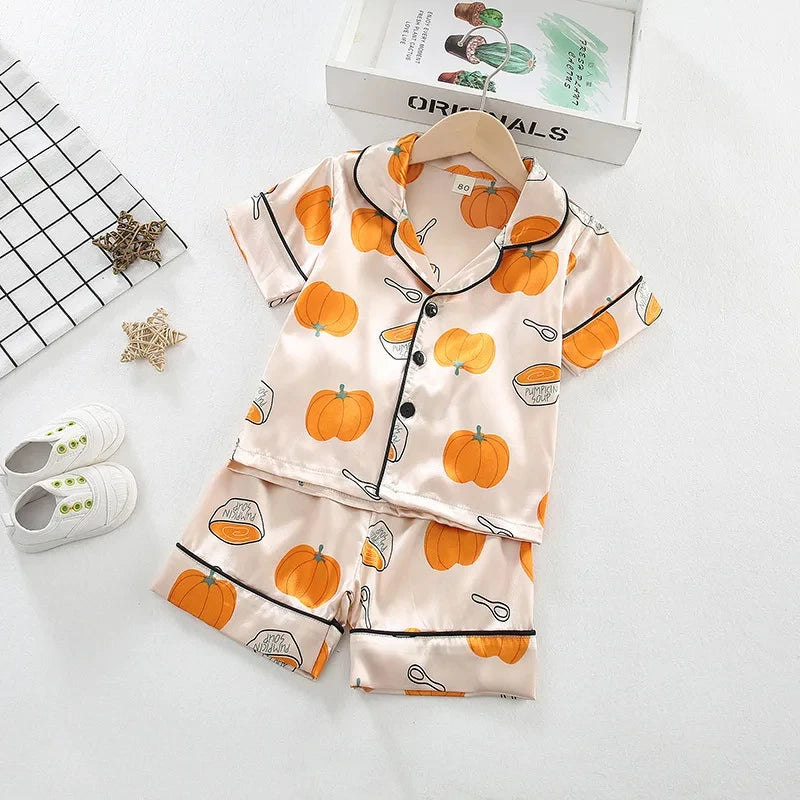 Kids Ice Silk Pajama Set Summer Baby Boys Silk Satin Cardigan Short Sleeve+Shorts 2Pcs Sets Children Casual Home Sleepwear
